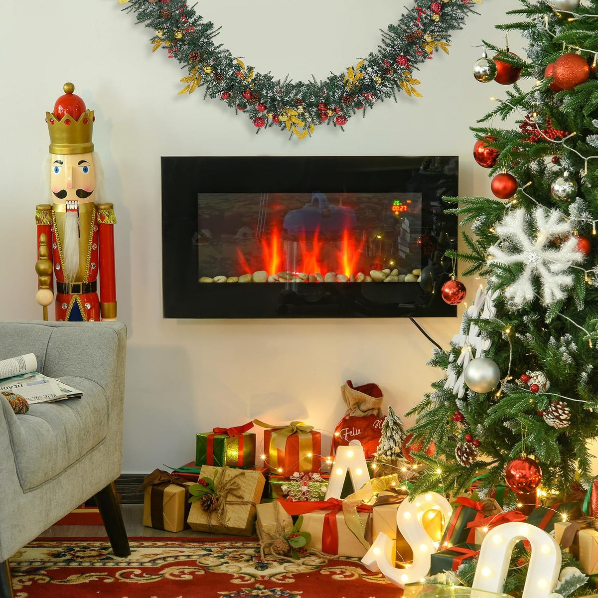 HOMCOM 900W/1800W Electric Wall Fireplace with LED Flame Effect Timer