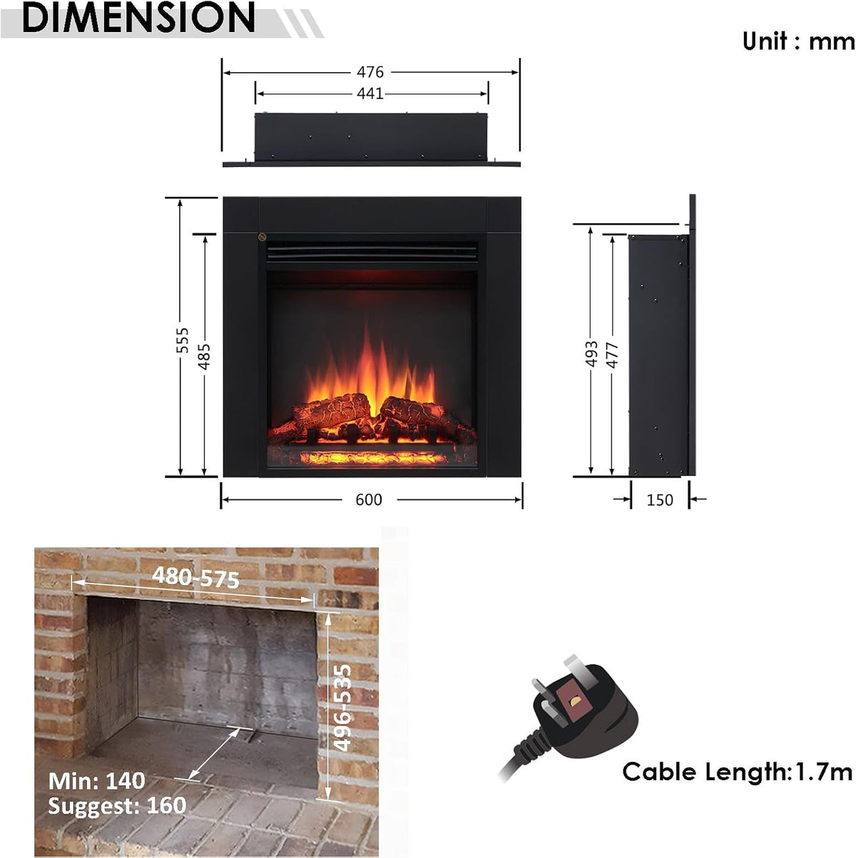 FLAMME 24" Freestanding Electric Fireplace, Innsbruck, Black