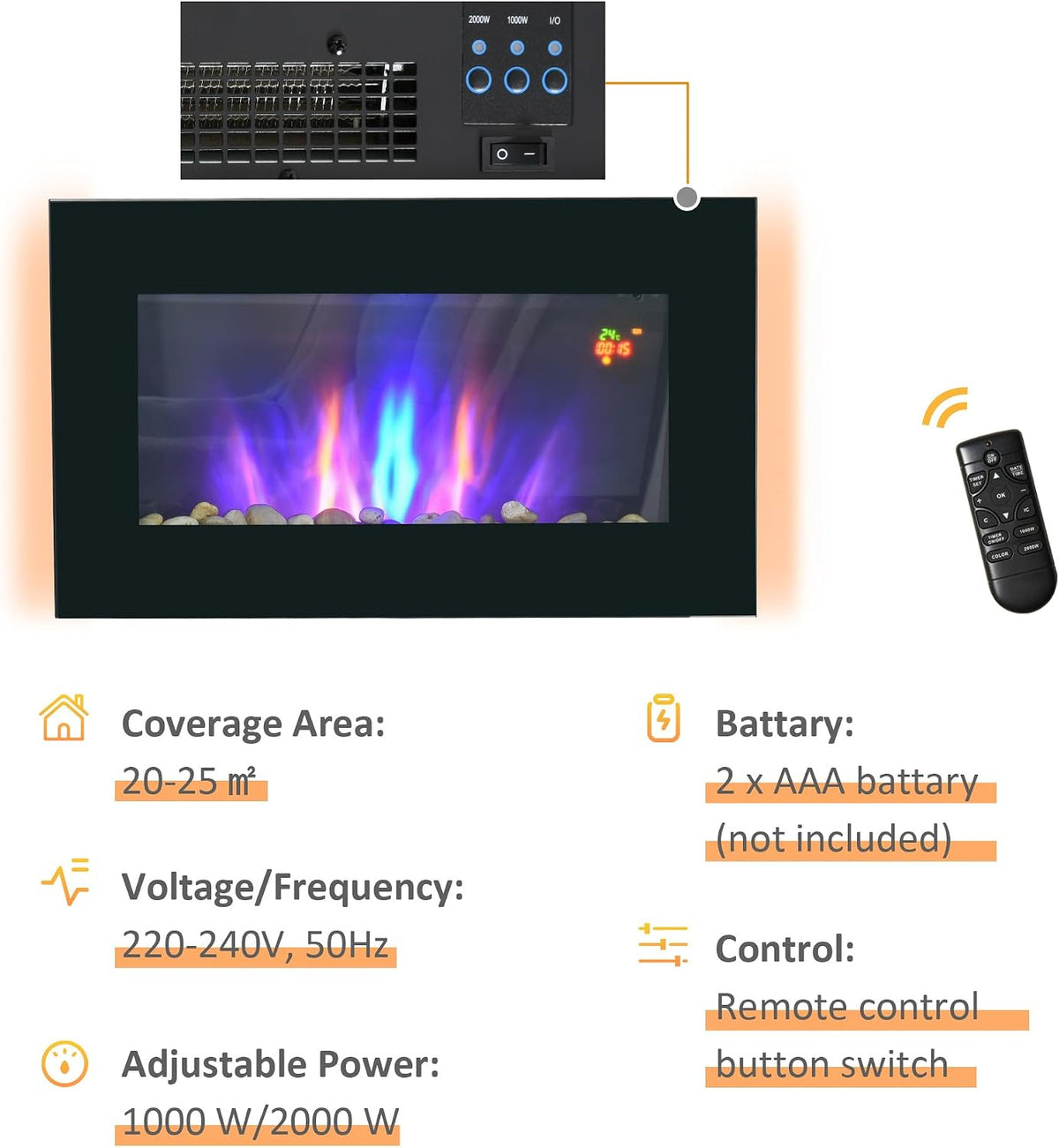 HOMCOM 900W/1800W Electric Wall Fireplace with LED Flame Effect Timer