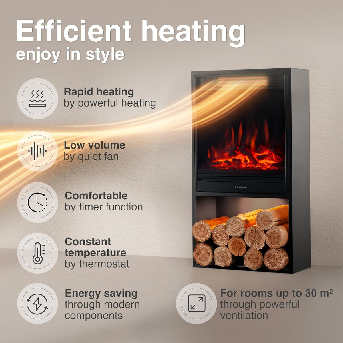 KAMINIO® Hugo Electric stove fire with heater [Black fireplace]