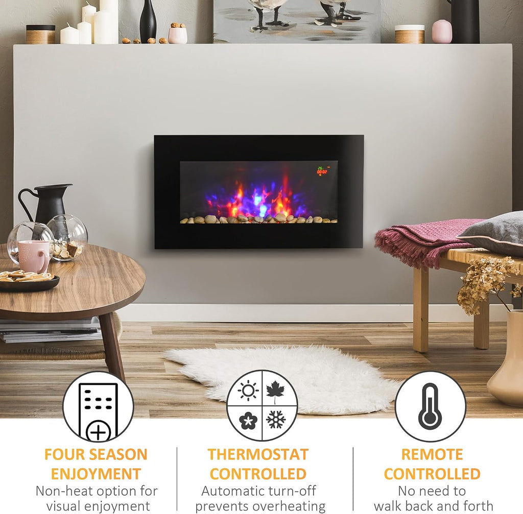 HOMCOM 900W/1800W Electric Wall Fireplace with LED Flame Effect Timer