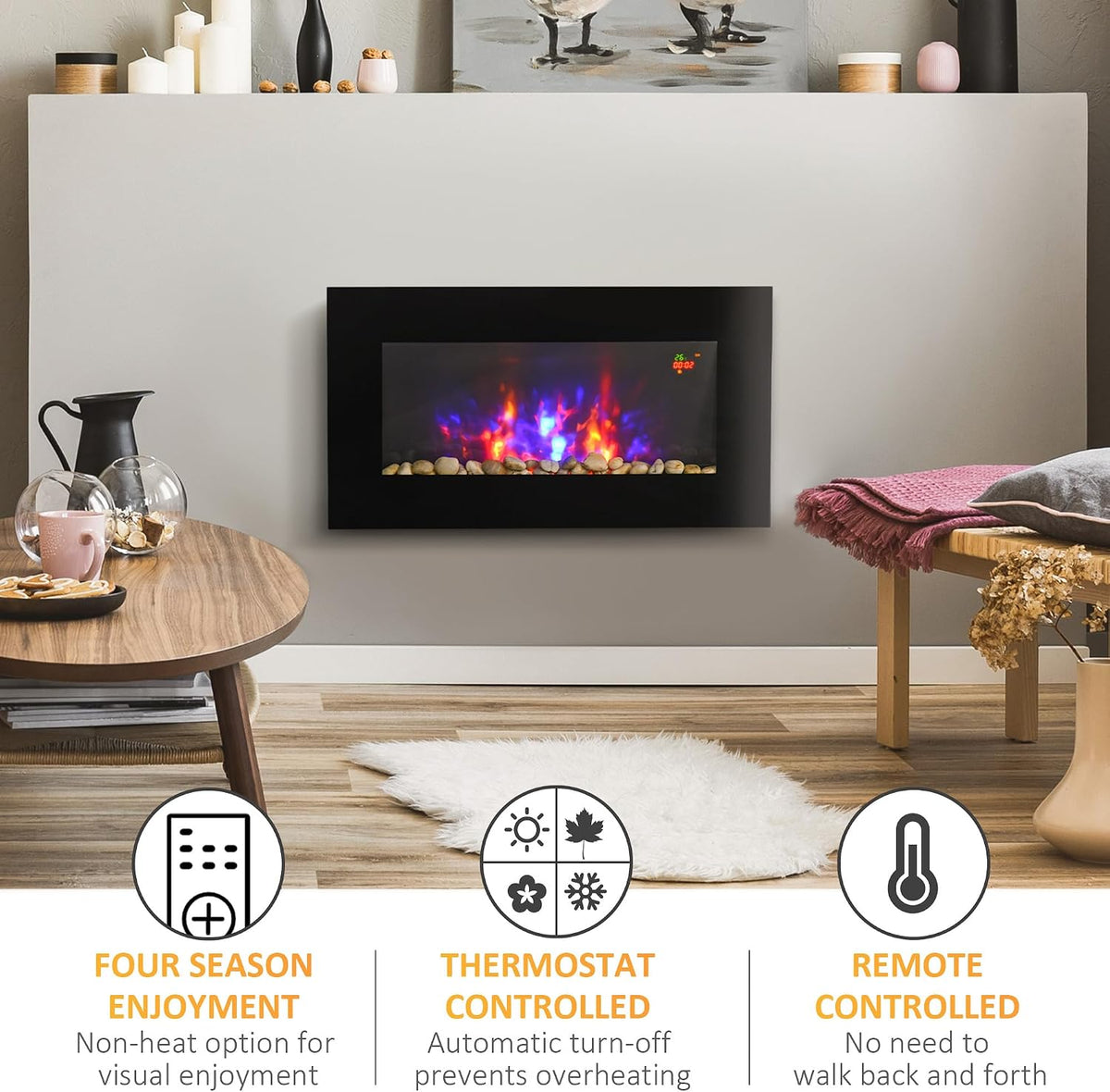 HOMCOM 900W/1800W Electric Wall Fireplace with LED Flame Effect Timer