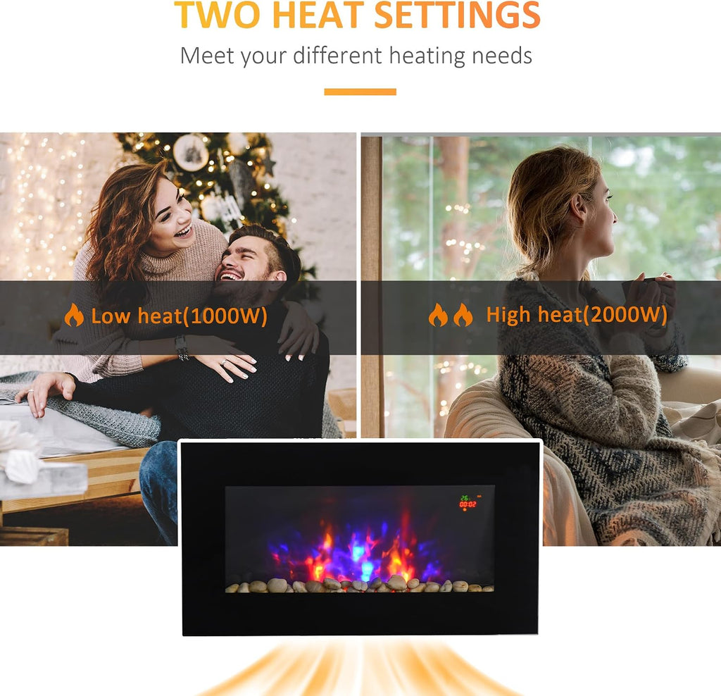 HOMCOM 900W/1800W Electric Wall Fireplace with LED Flame Effect Timer